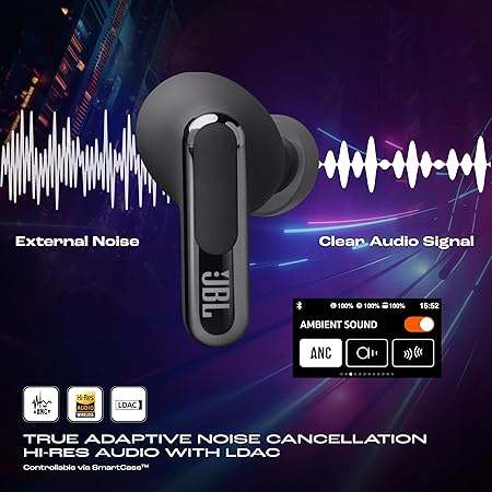 jbl Live Beam 3 TWS,Hi-Res Audio True ANC Earbuds,Smart Case with Touch Display,48H Playtime,Wireless Charging,6 Mic,Multipoint Connection,Ip55 Proof, Headphones App,Personi-Fi 3.0 (Black)