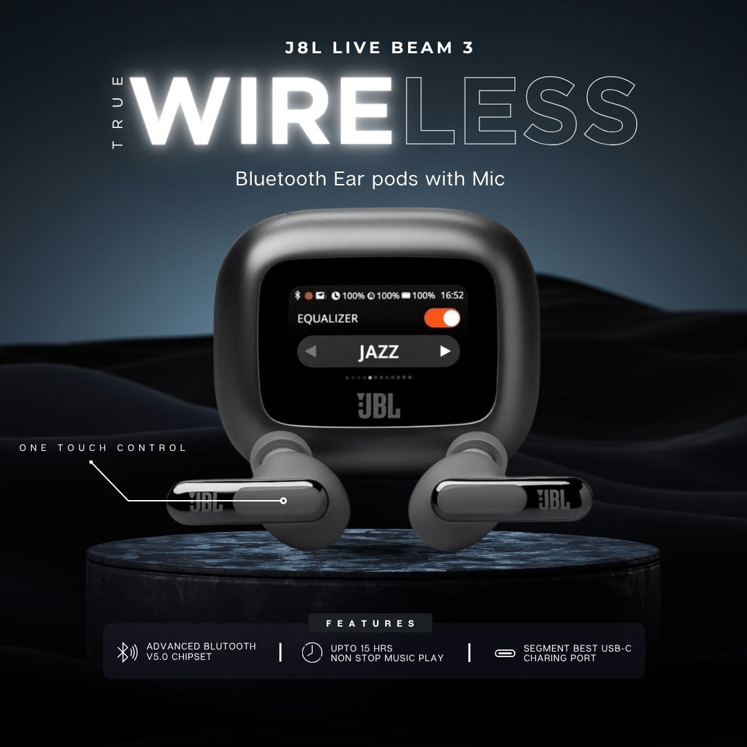 jbl Live Beam 3 TWS,Hi-Res Audio True ANC Earbuds,Smart Case with Touch Display,48H Playtime,Wireless Charging,6 Mic,Multipoint Connection,Ip55 Proof, Headphones App,Personi-Fi 3.0 (Black)